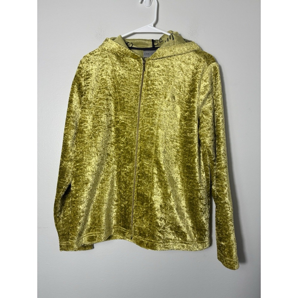 Chico's Full Zip Velour Chartreuse Sweater Sz Medium 90's Retro Hooded